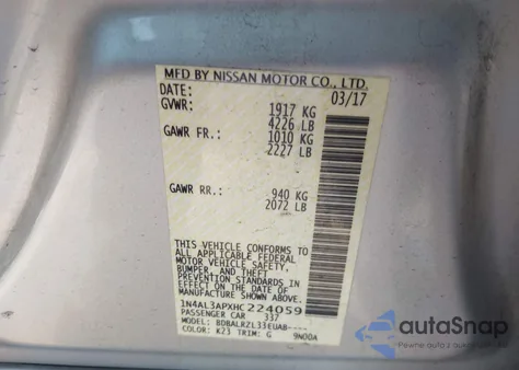 2017 Nissan Altima 2.5 Sl из США, поврежденный, VIN 1N4AL3APXHC224059